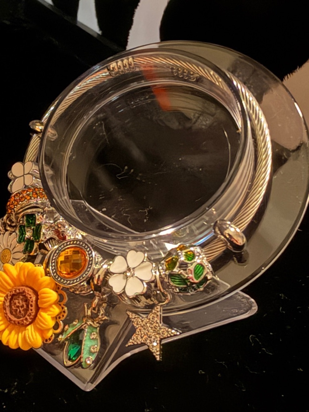 Silver Cable Charm Bangle with Green, Yellow & White Accents